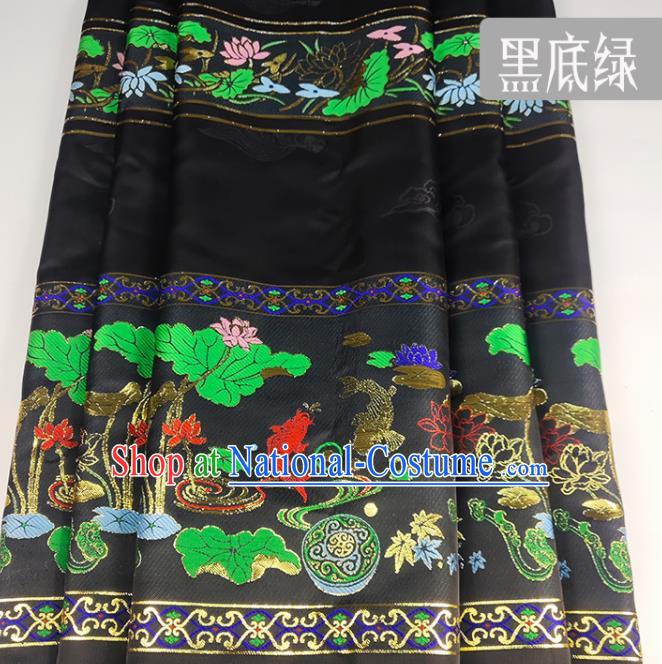 Chinese Traditional Lotus Fishes Pattern Black Brocade Fabric Silk Satin Fabric Hanfu Material