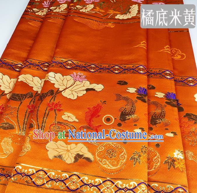 Chinese Traditional Lotus Fishes Pattern Orange Brocade Fabric Silk Satin Fabric Hanfu Material