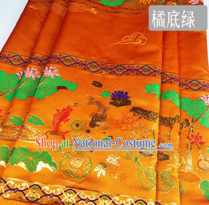 Chinese Traditional Fishes Lotus Pattern Orange Brocade Fabric Silk Satin Fabric Hanfu Material