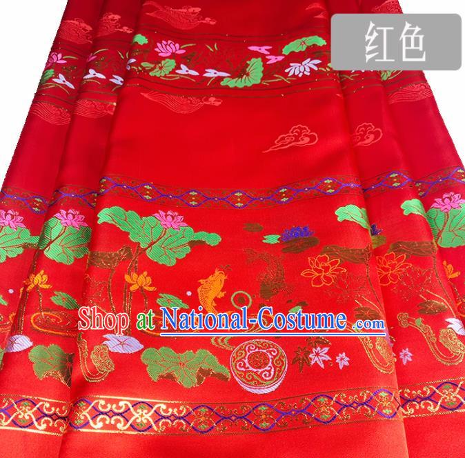 Chinese Traditional Fishes Lotus Pattern Red Brocade Fabric Silk Satin Fabric Hanfu Material