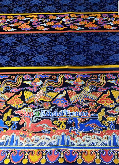 Chinese Traditional Phoenix Horse Pattern Navy Brocade Fabric Silk Satin Fabric Hanfu Material