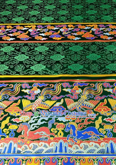 Chinese Traditional Phoenix Horse Pattern Deep Green Brocade Fabric Silk Satin Fabric Hanfu Material