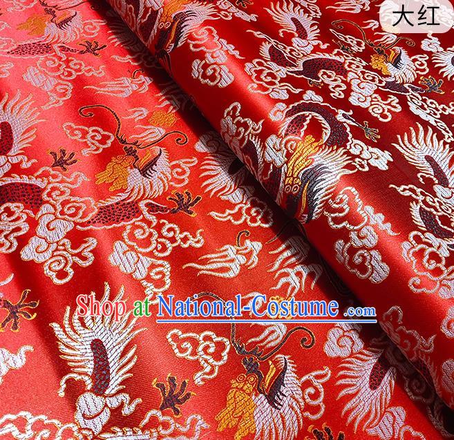 Chinese Traditional Dragons Pattern Bright Red Brocade Fabric Silk Satin Fabric Hanfu Material