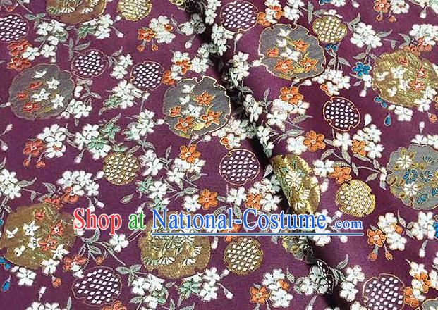 Japanese Traditional Carnations Pattern Kimono Purple Brocade Fabric Tapestry Satin Fabric Nishijin Material