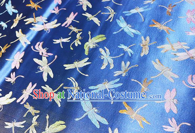 Chinese Traditional Dragonfly Pattern Blue Brocade Fabric Silk Satin Fabric Hanfu Material