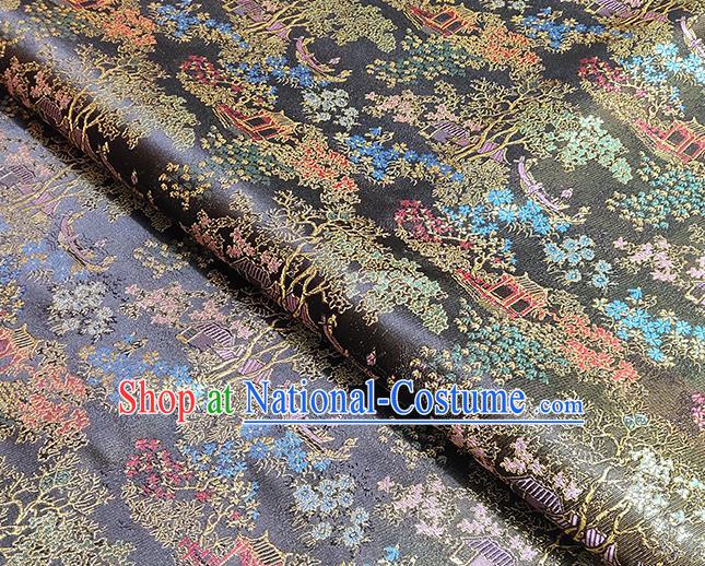 Chinese Traditional Scenery Pattern Black Brocade Fabric Silk Satin Fabric Hanfu Material