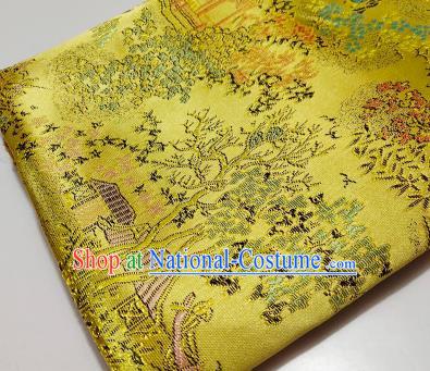 Chinese Traditional Scenery Pattern Golden Brocade Fabric Silk Satin Fabric Hanfu Material