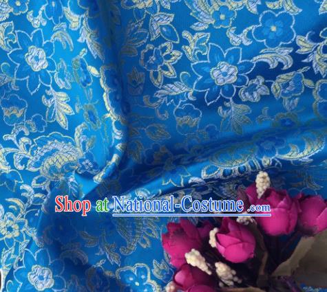 Chinese Traditional Flowers Pattern Blue Brocade Fabric Silk Satin Fabric Hanfu Material