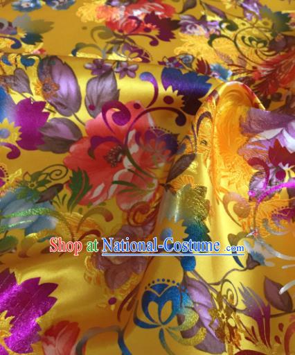 Chinese Traditional Peony Flowers Pattern Yellow Brocade Fabric Silk Satin Fabric Hanfu Material