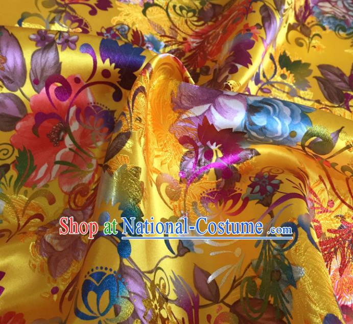 Chinese Traditional Peony Flowers Pattern Yellow Brocade Fabric Silk Satin Fabric Hanfu Material