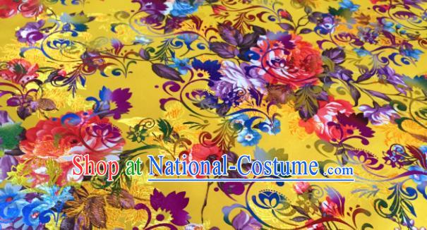 Chinese Traditional Peony Flowers Pattern Yellow Brocade Fabric Silk Satin Fabric Hanfu Material