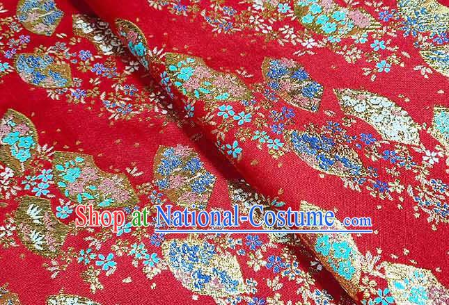 Japanese Traditional Sakura Fan Pattern Kimono Red Brocade Fabric Tapestry Satin Fabric Nishijin Material