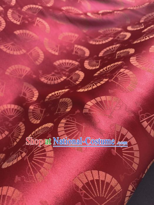 Chinese Traditional Fans Pattern Wine Red Brocade Fabric Silk Tapestry Satin Fabric Hanfu Material