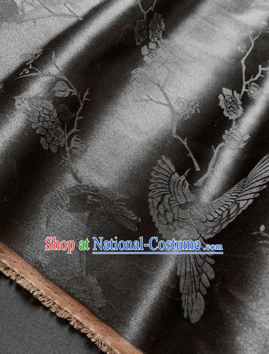 Chinese Traditional Flowers Birds Pattern Black Silk Fabric Hanfu Material