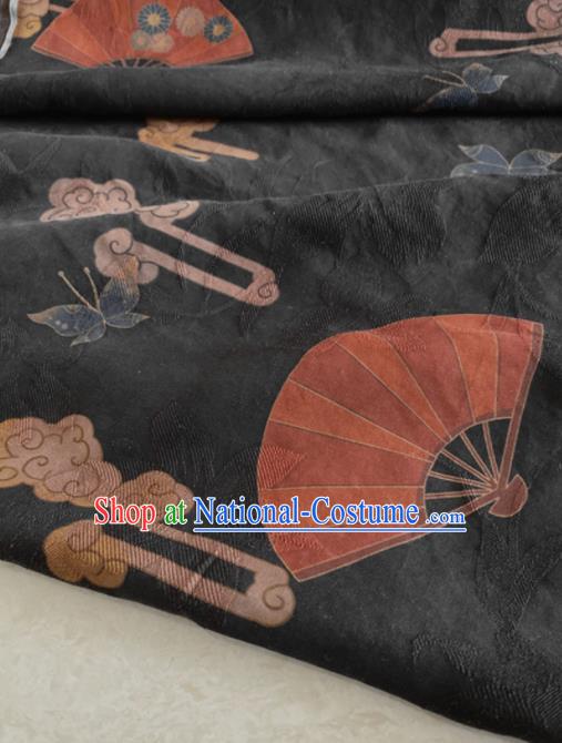 Chinese Traditional Butterfly Fan Pattern Black Silk Fabric Hanfu Gambiered Guangdong Gauze Material