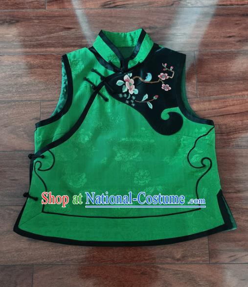 Chinese Traditional Embroidered Green Silk Vest Tang Suit Waistcoat for Women