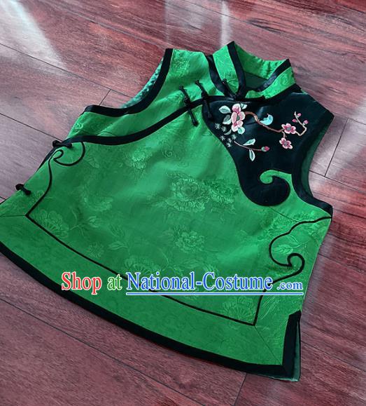 Chinese Traditional Embroidered Green Silk Vest Tang Suit Waistcoat for Women