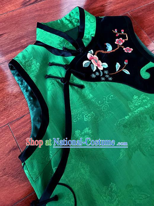 Chinese Traditional Embroidered Green Silk Vest Tang Suit Waistcoat for Women