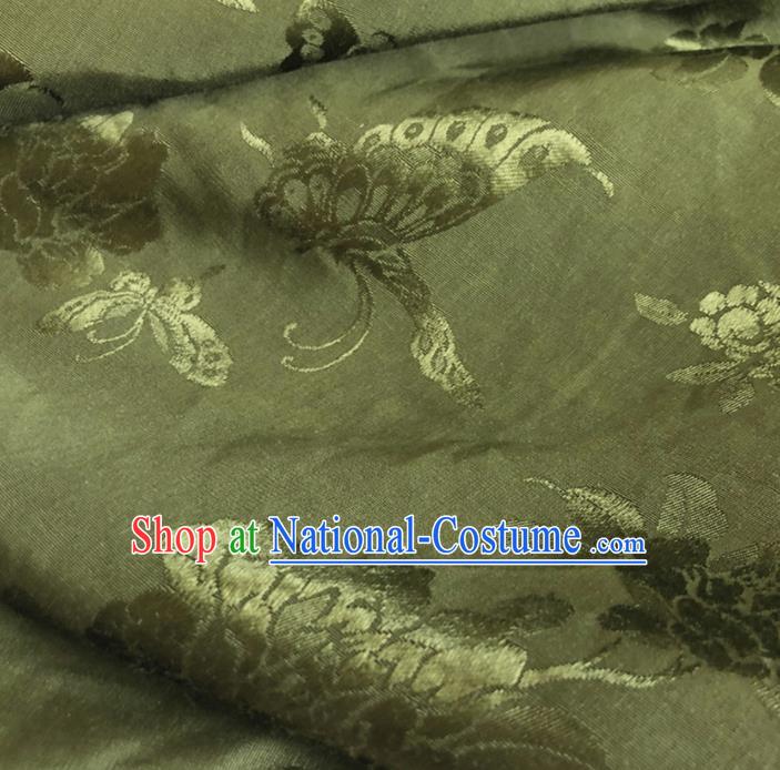 Chinese Traditional Butterfly Peony Pattern Olive Green Silk Fabric Hanfu Brocade Material