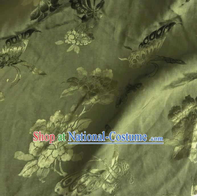 Chinese Traditional Butterfly Peony Pattern Olive Green Silk Fabric Hanfu Brocade Material