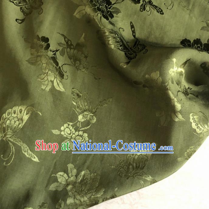 Chinese Traditional Butterfly Peony Pattern Olive Green Silk Fabric Hanfu Brocade Material