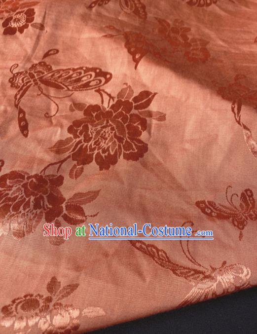 Chinese Traditional Butterfly Peony Pattern Orange Silk Fabric Hanfu Brocade Material