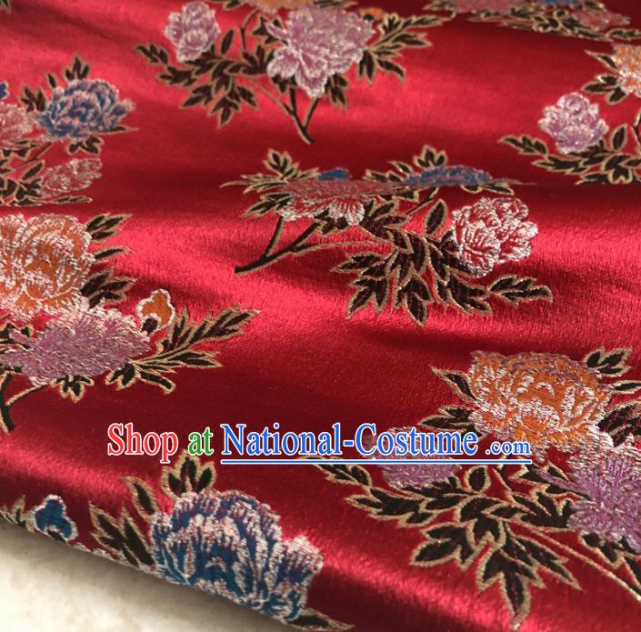 Chinese Traditional Peony Pattern Red Silk Fabric Hanfu Brocade Material