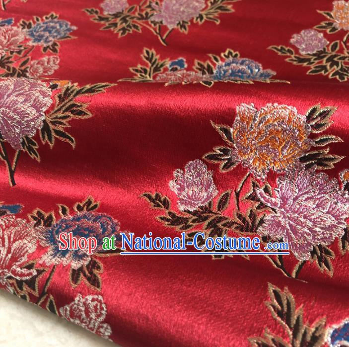 Chinese Traditional Peony Pattern Red Silk Fabric Hanfu Brocade Material