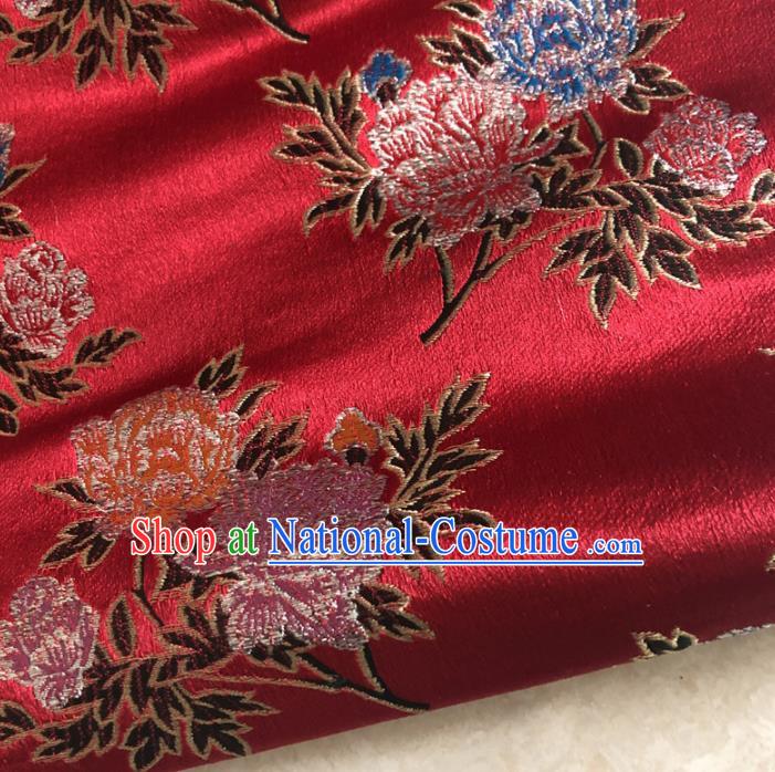 Chinese Traditional Peony Pattern Red Silk Fabric Hanfu Brocade Material