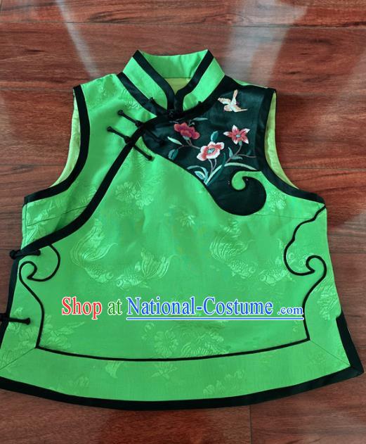 Chinese Traditional Embroidered Light Green Silk Vest Tang Suit Waistcoat for Women