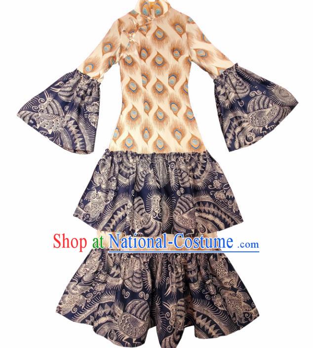 Chinese Traditional National Batik Dress Tang Suit Mandarin Sleeve Dress for Women