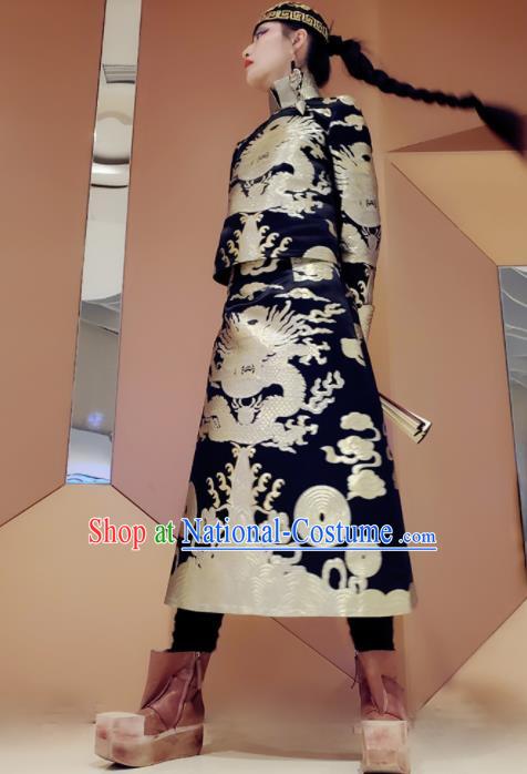 Chinese Traditional Black Brocade Blouse and Skirt Tang Suit Costumes for Women