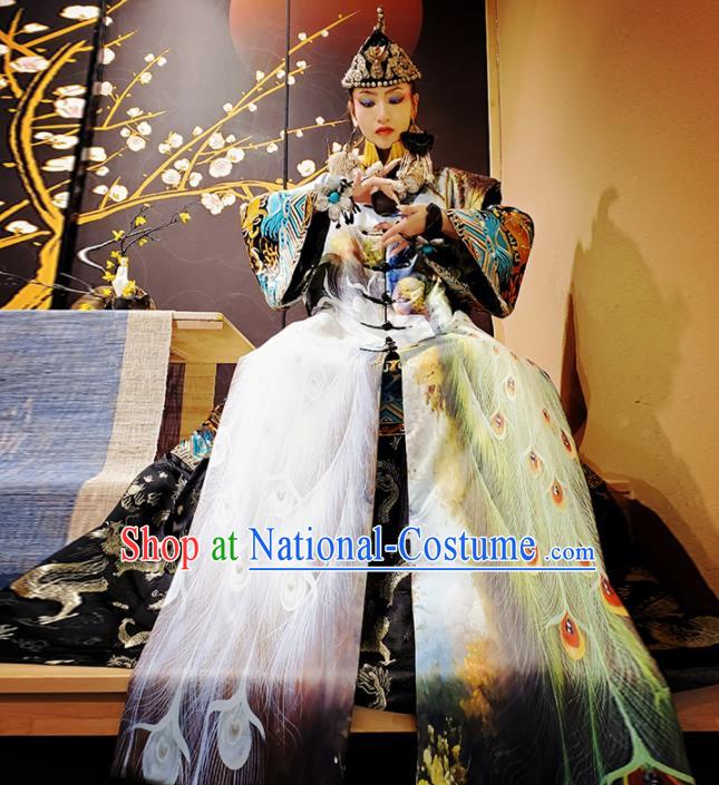 Chinese Traditional National Printing Peacock Dress Tang Suit Cloak for Women