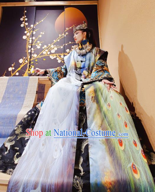 Chinese Traditional National Printing Peacock Coat Tang Suit Cotton Padded Clothing for Women