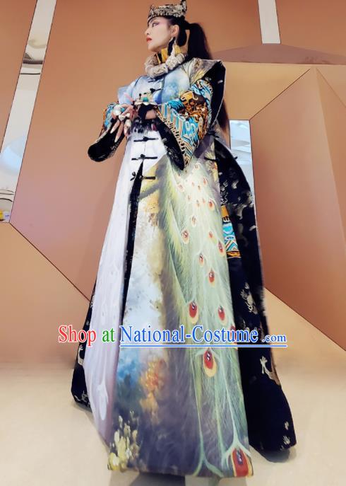 Chinese Traditional National Printing Peacock Coat Tang Suit Cotton Padded Clothing for Women