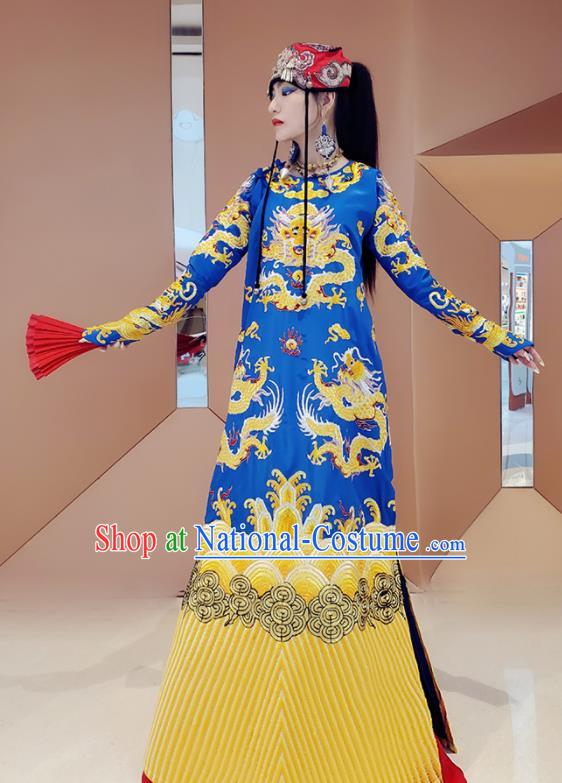 Chinese Traditional National Embroidered Royalblue Robe Tang Suit Cheongsam Dress Costume for Women