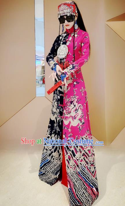 Chinese Traditional National Rosy Linen Qipao Tang Suit Cheongsam Dress Costume for Women