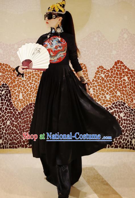 Chinese Traditional National Embroidered Black Qipao Dress Tang Suit Cheongsam Costume for Women