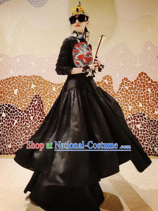 Chinese Traditional National Embroidered Black Qipao Dress Tang Suit Cheongsam Costume for Women