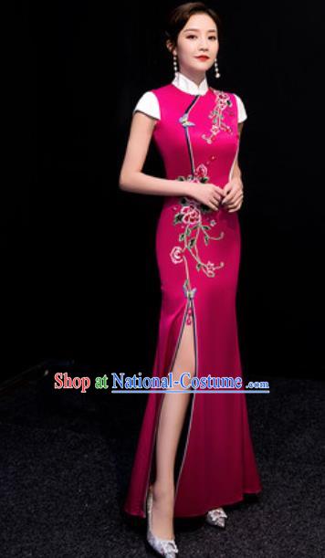 Chinese Compere National Embroidered Rosy Qipao Dress Traditional Cheongsam Costume for Women