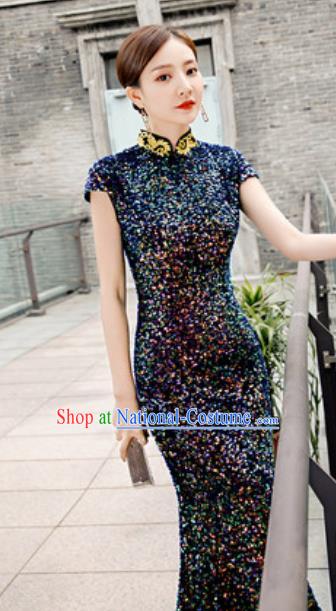 Chinese Compere National Stage Show Navy Qipao Dress Traditional Cheongsam Costume for Women