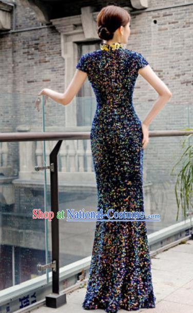 Chinese Compere National Stage Show Navy Qipao Dress Traditional Cheongsam Costume for Women