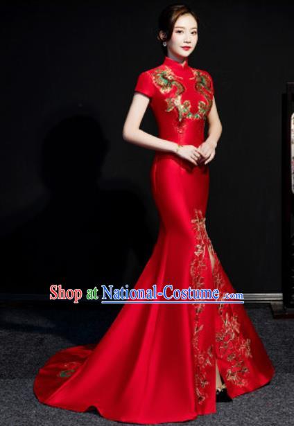 Chinese Compere National Embroidered Phoenix Red Qipao Dress Traditional Cheongsam Costume for Women