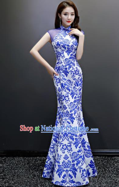 Chinese National Blue Printing Qipao Dress Traditional Compere Cheongsam Costume for Women