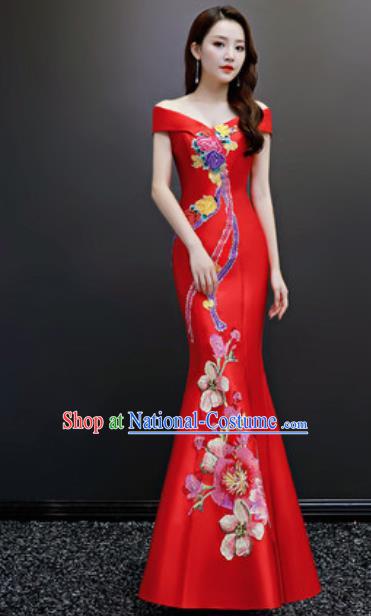 Top Compere Embroidered Red Flat Shoulder Full Dress Evening Party Costume for Women