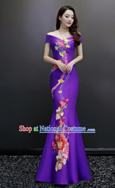 Top Compere Embroidered Purple Flat Shoulder Full Dress Evening Party Costume for Women