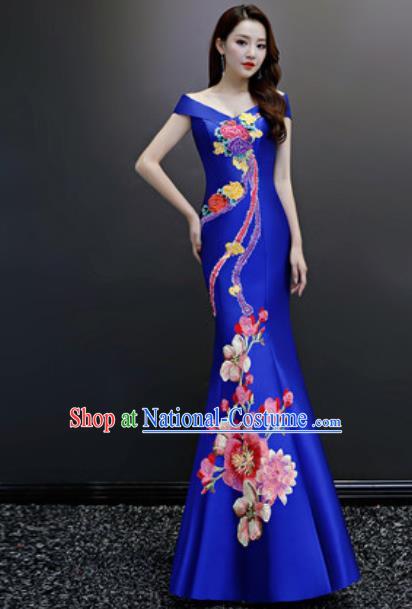 Top Compere Embroidered Royalblue Flat Shoulder Full Dress Evening Party Costume for Women