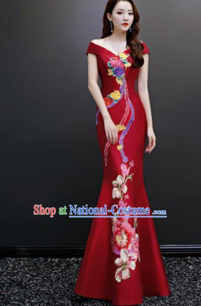 Top Compere Embroidered Wine Red Flat Shoulder Full Dress Evening Party Costume for Women