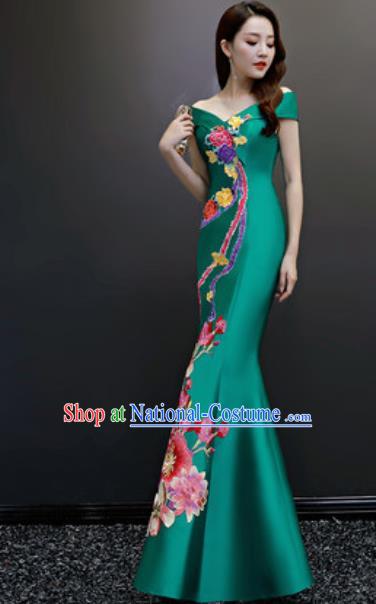 Top Compere Embroidered Green Flat Shoulder Full Dress Evening Party Costume for Women