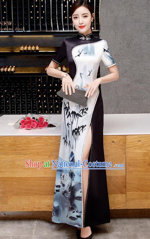 Chinese Spring Festival Gala Printing Bamboo Qipao Dress Traditional Compere Cheongsam Costume for Women